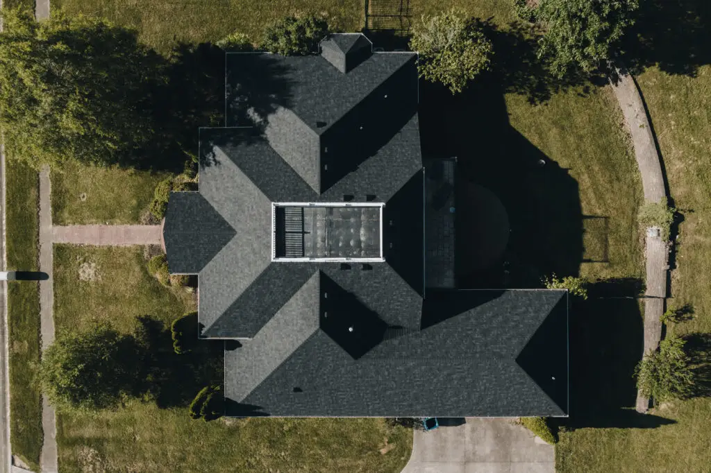 Aerial drone view of a completed Big Red Contracting roof in Central Kentucky